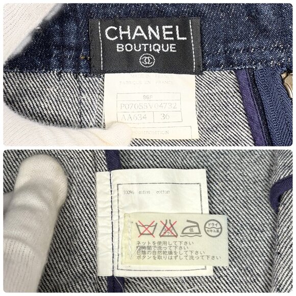 CHANEL Vintage 96P CC Mark Logo Denim Skirt #36 Dark Blue Yellow Cotton [106356] - Picture 13 of 13
